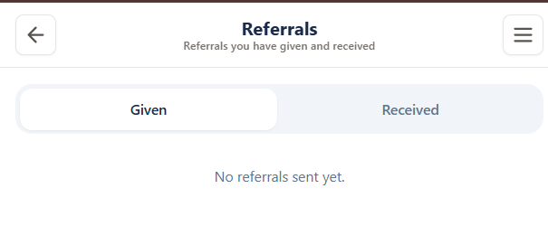 Real 121Meet Referrals interface with Given and Received tabs; empty demo account with no personal information.